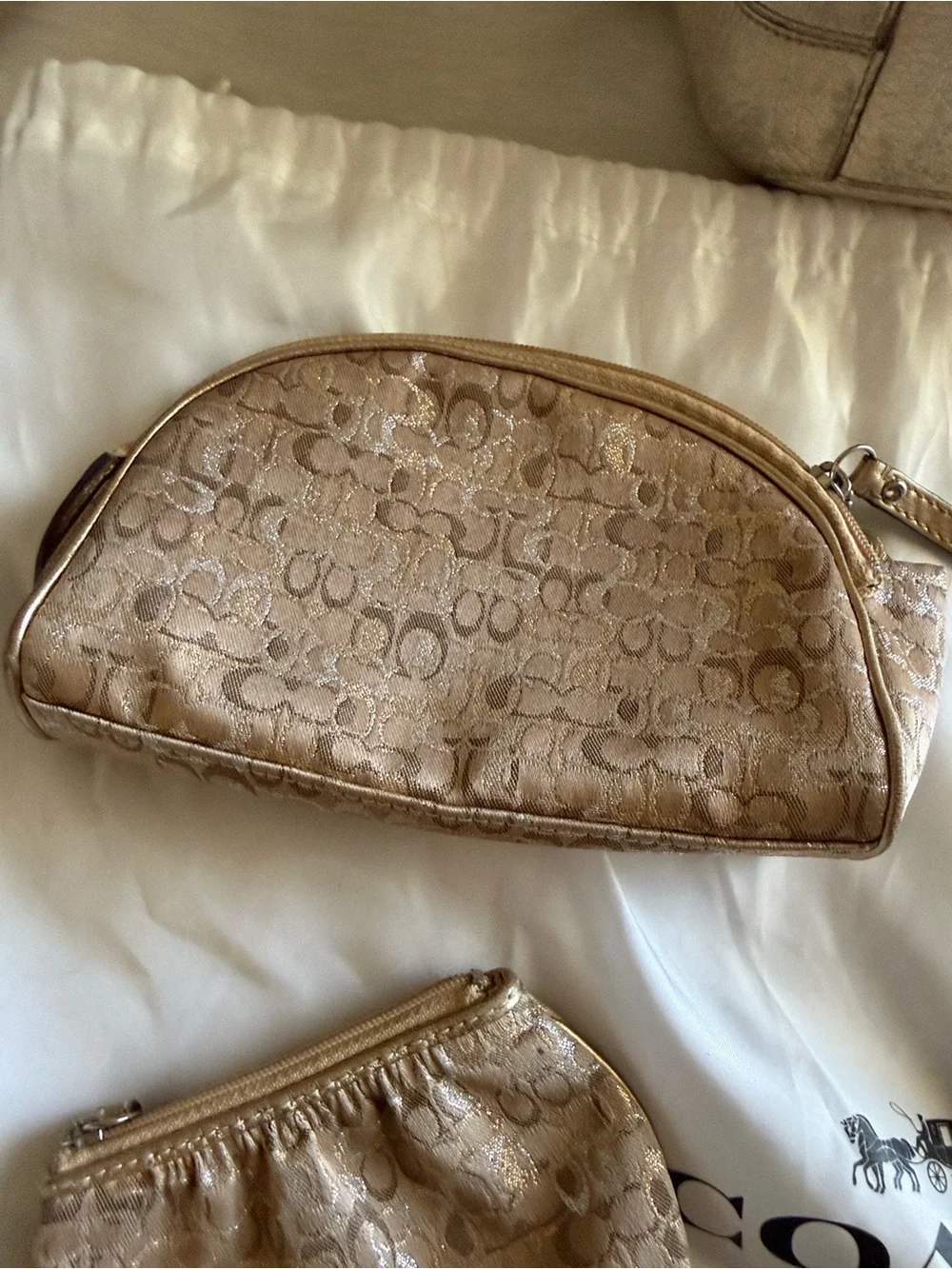 Coach Set Metallic Gold Leather Tote with Zip Wallet, Scarf & 2 cosmetic bags